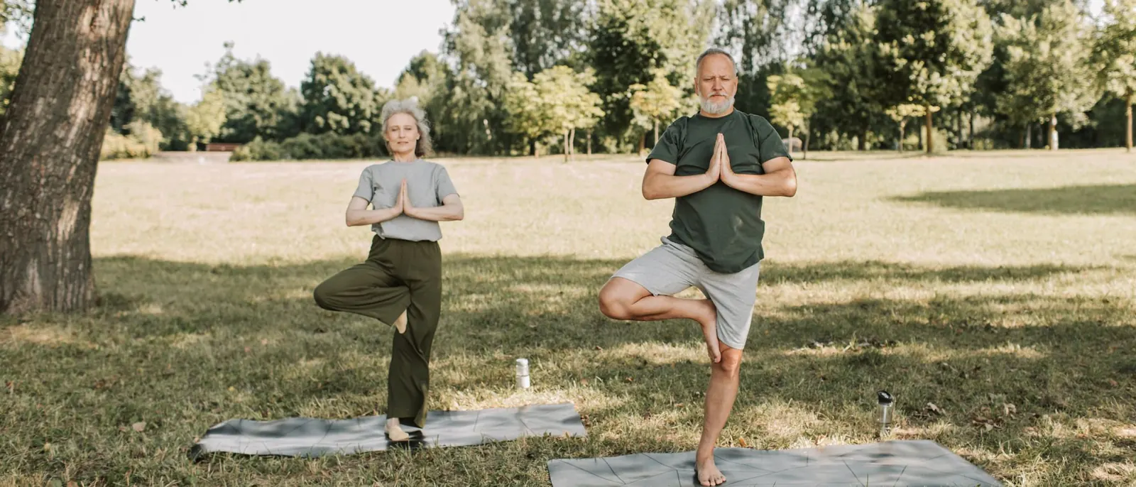 An older couple practicing Tree Pose together in a park