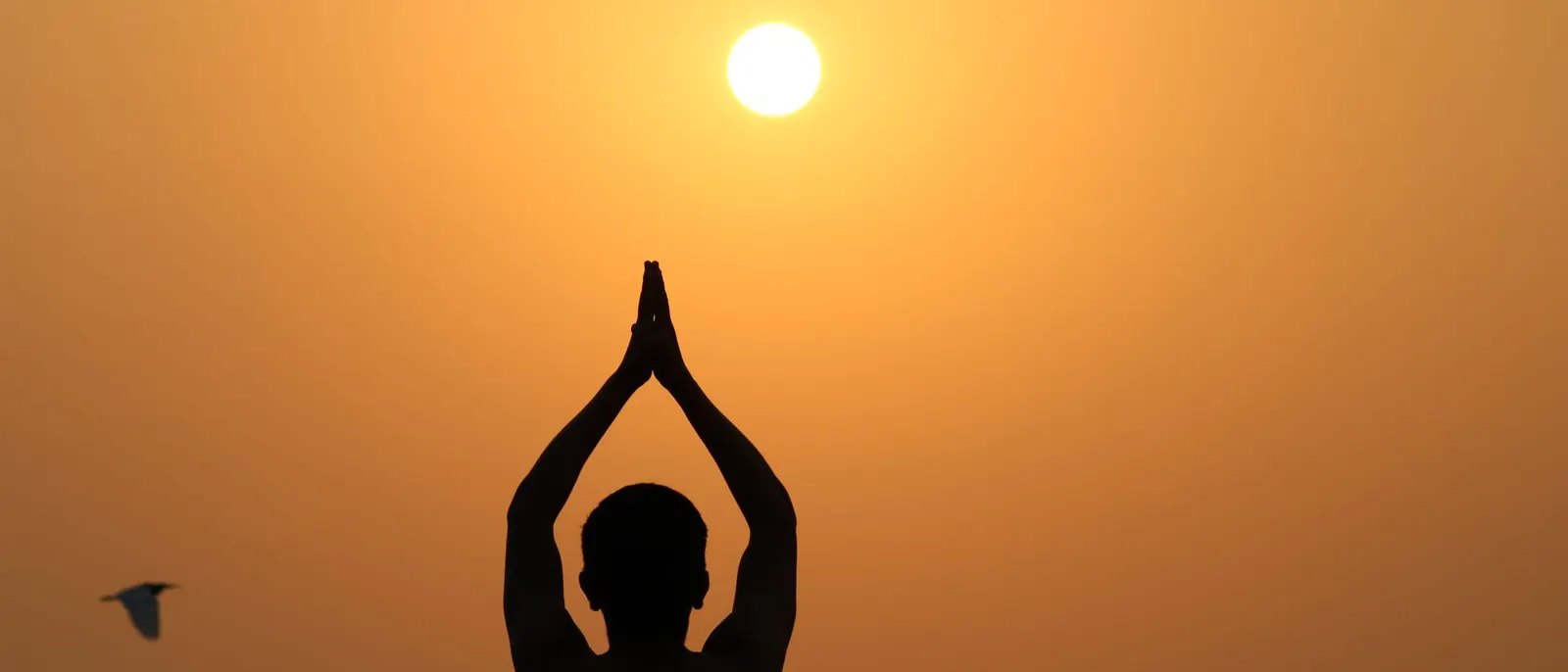 A silhouette with hands joined overhead against the setting sun